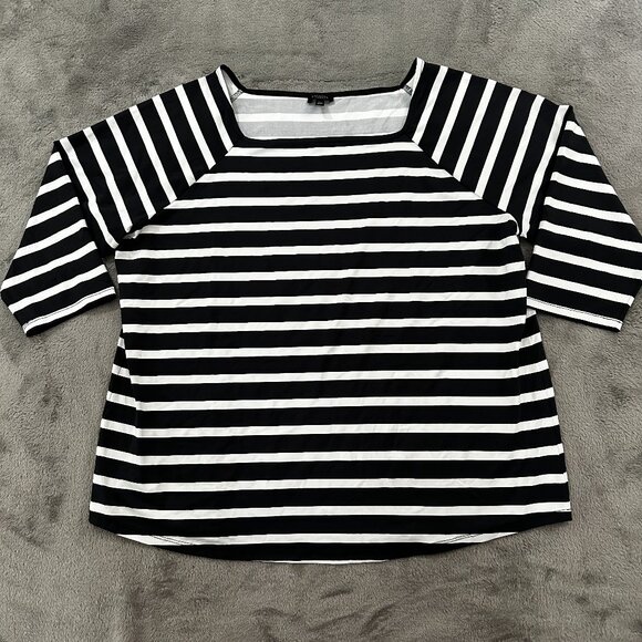 Talbots Blouse 2X 2XL Petite Square Neck Black White Stripe Silky 3/4 Sleeves - Picture 1 of 5